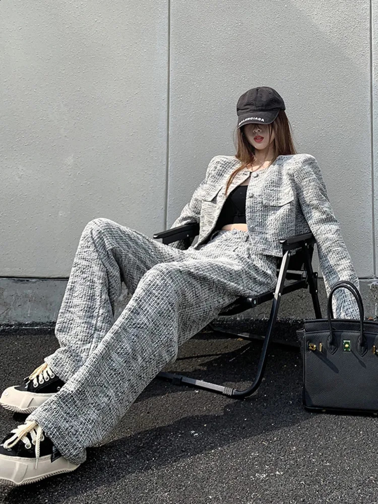 perfume tweed two-piece womens jacket jackethigh waist wide leg pants suit fashion casual two-piece suit 240925