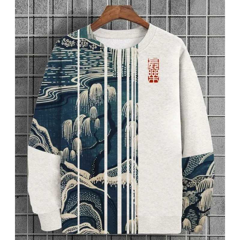 Mens floral cat pattern hoodie plant stripes 3D printing spring and autumn long-sleeved round neck casual sweater fashion largeX240925