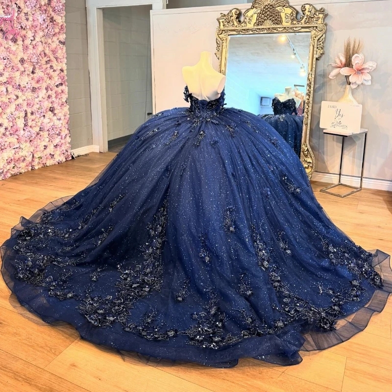 Navy Blue Shiny Quinceanera Dress Off The Shoulder Mexican Lace Beads Tull Vestidos De 15 Anos Princess Sweet 16 Birthday XV Ball Gown