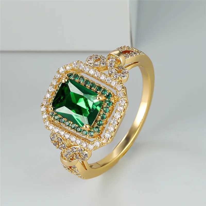 Green zircon square stone ring womens luxury crystal engagement ring classic gold wedding ring womens minimalist band W240925