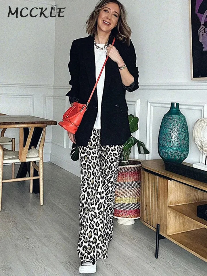 Leopard Print Ultra Thin Flared Pants Womens High Waist Button Zipper Trouser SpringSummer Clothing 240918