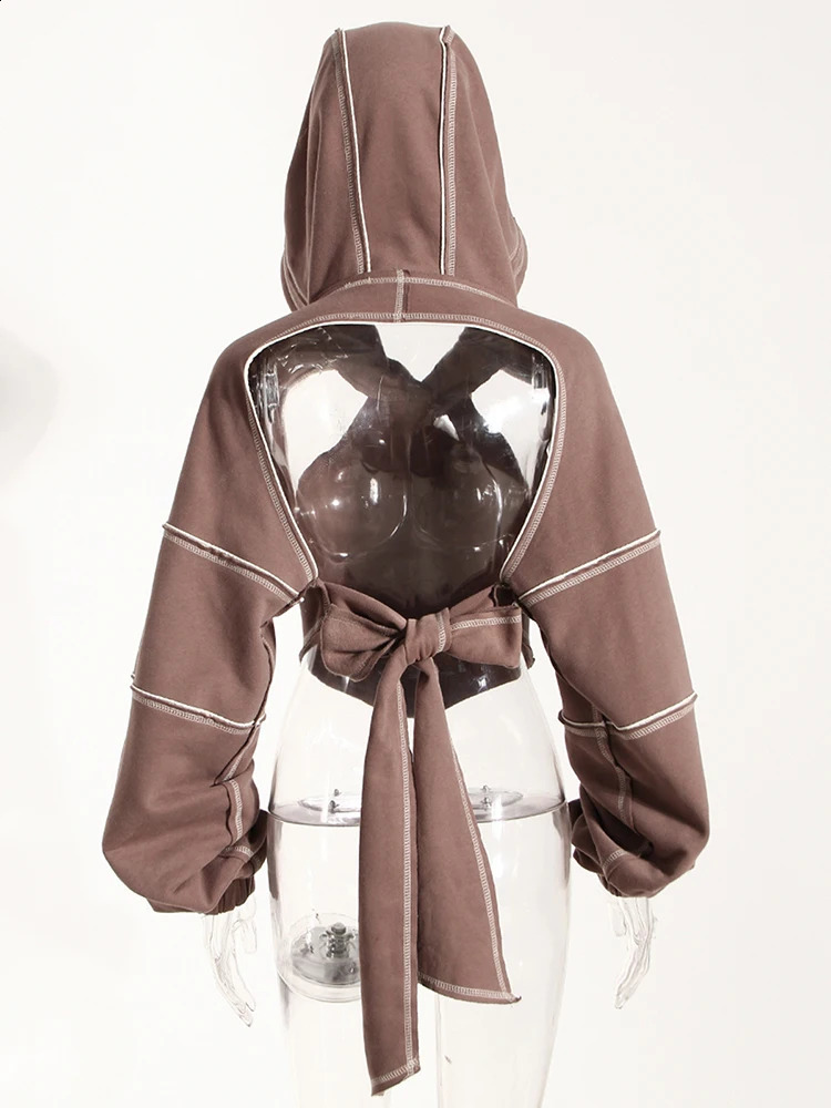 Brown Back Bow Irregular Cut Sportswear Hoodie Long Sleeve Womens Large Fashion Trend Spring/Summer 1DF1820 240926