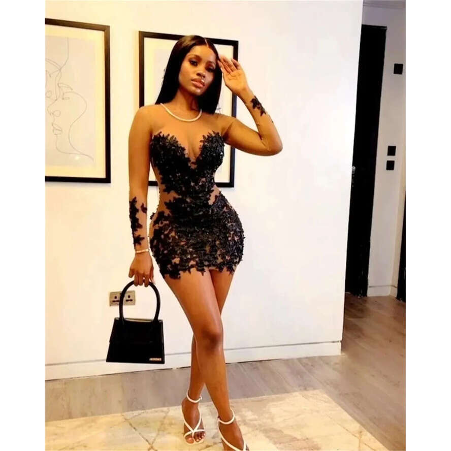 Sexy Long Arabic Sheer Sleeve Mini Short cocktail Tail Dresses Black Lace Appliques Women Prom Party Gowns Night Out Club Evening Dress