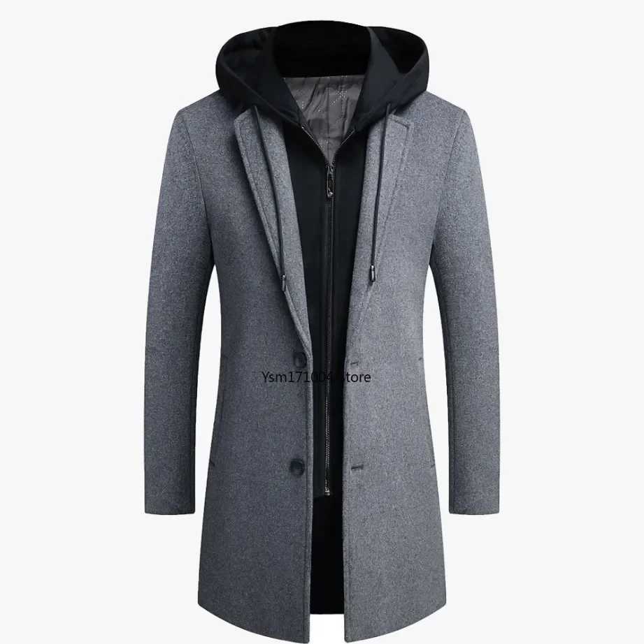 Winter New Mens Business Leisure Hooded Cashmere Coat Thickened Warm Leaf Two Piece Windproof Machine Grey Hooded Windproof Machine W240925