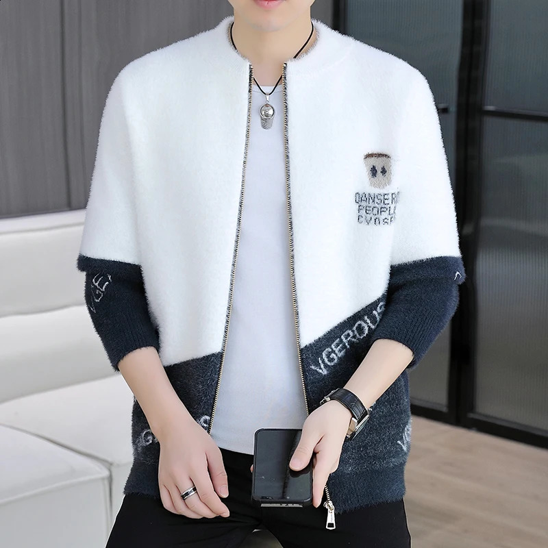 Mink Plush Thickened Round Neck cardigan Sweater Mens Autumn Winter Loose Print Patchwork Fashionable Knitted Zip Coat