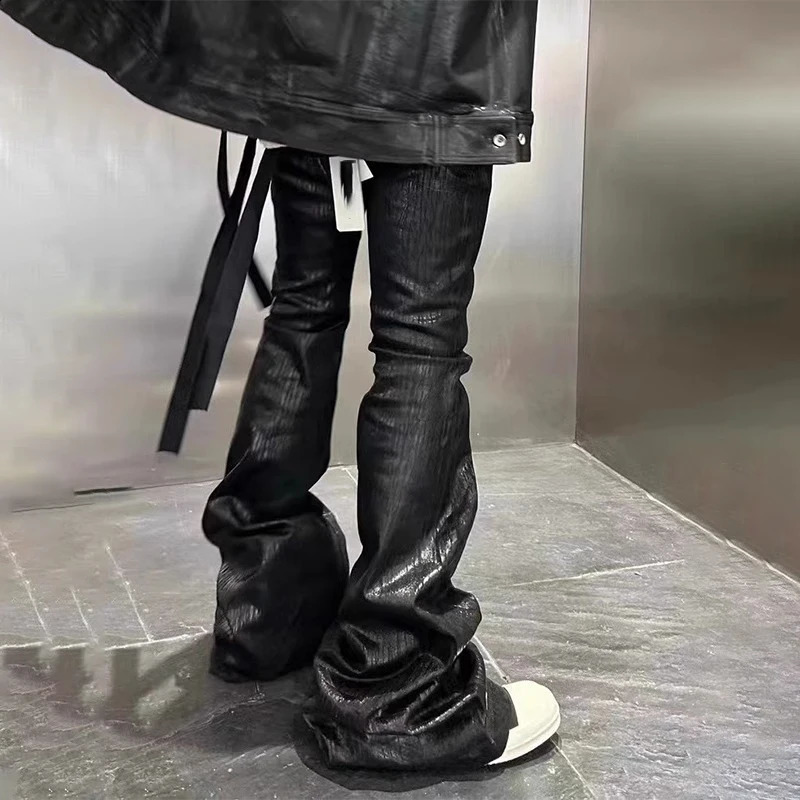 PFNW black style coated waxed ribbon mens jeans punk street floor length weight loss fashion pants autumn Trousers 28W4556 240925