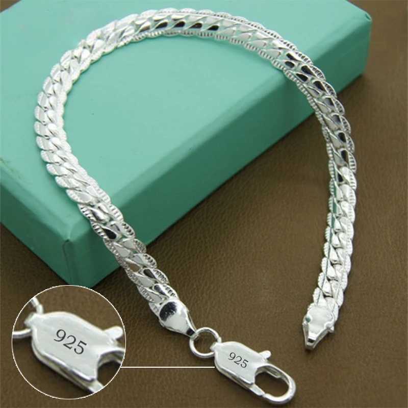 925 sterling silver bracelet 5mm 20cm flat side chain lobster buckle bracelet mens party wedding engagement jewelry gift W241111
