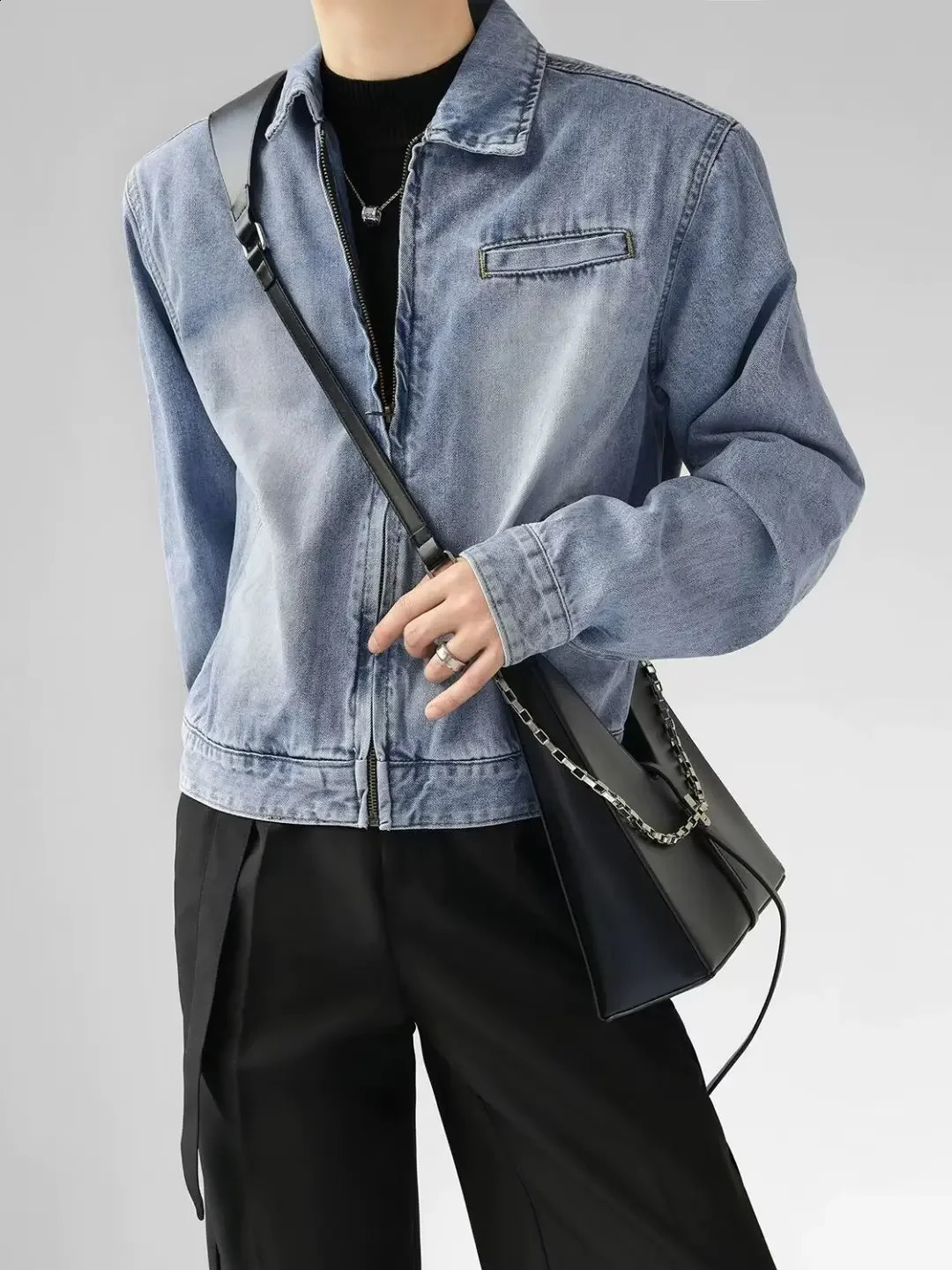 AutumnWinter Gradient Wash Shoulder Pads Zipper American Retro Jacket Mens n Sensual Denim Fashion 240921