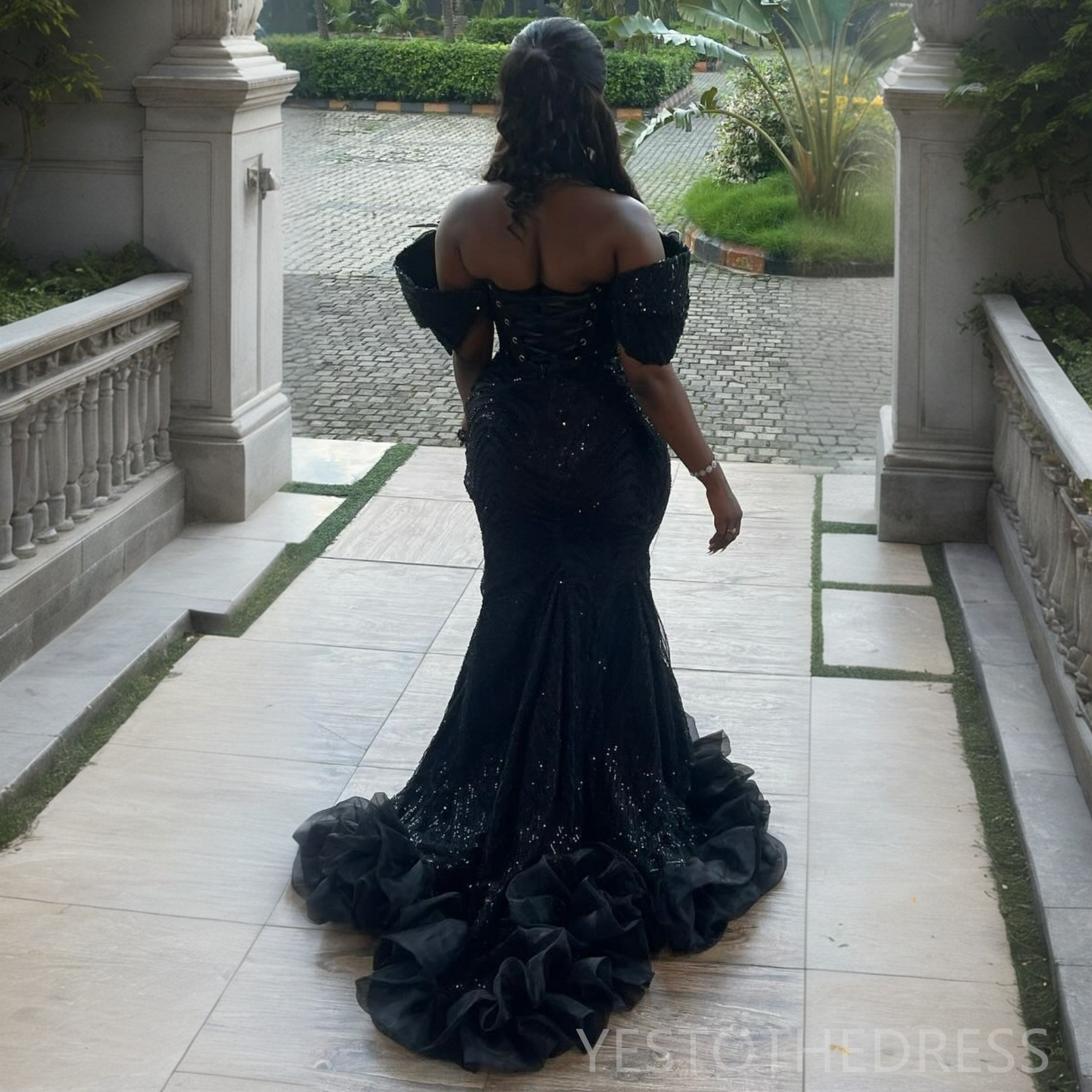 R&W 2024 Plus Size Black Prom Evening Dresses Formal Gowns For Women Off Shoulder ra Beaded Lace Side Split Birthday Dress Second Reception Gown AM137