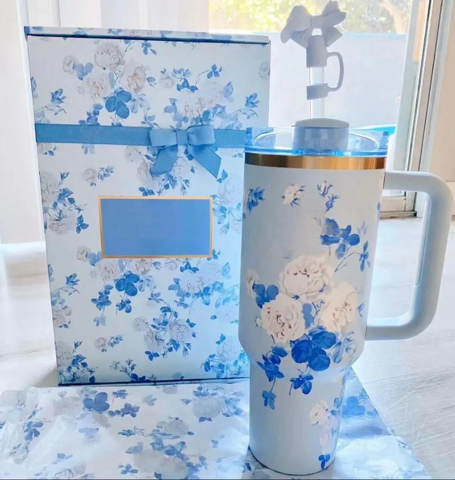 New Blue Magnolia 40oz TUMBLER Pink Rose Floral Holiday Winter pink Stainless Steel Tumbler with Silicone Handle Lid and Straw Cups Mugs water bottles