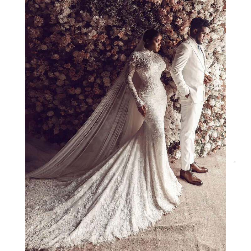 Chart Vintage Dress Mermaid High Neck Fulllace Long Sleeves Plus Size Wedding Dresses Bridal Gowns Button Back Sweep Train Lacefull Robe De Mariage Es
