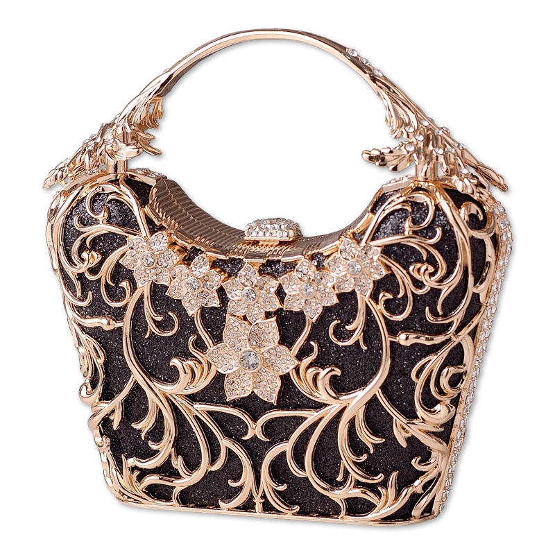 Black banquet bag in stock, high-end hollow out style, opponent's handbag, shiny banquet bag
