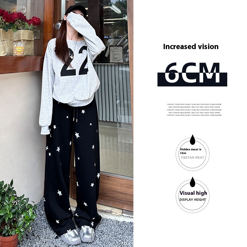 White wide women's bathroom autumn winter new item, printed star pants, high waisted loose and casual straight leg pants for walking