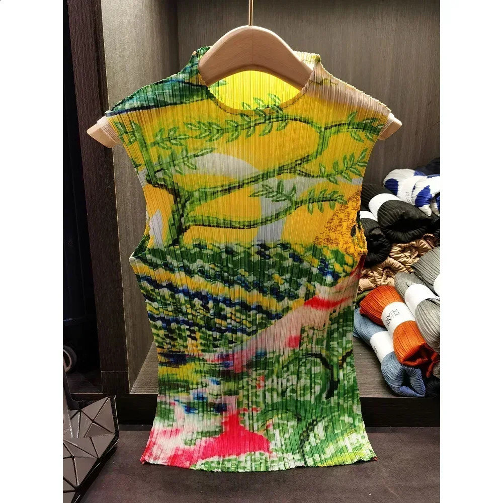 Pleats Original T-shirt Summer Pleated Flower Print Tops Casual Fashion Appear Thin Loose Retro Womens Clothing 240925