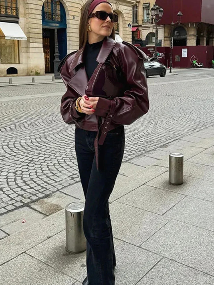 Casual Street Leather Jacket Women Solid Lapel Long Sleeved Belt Crop Female Coats Autumn Y2k Fashion Loose Pu Outwear Lady