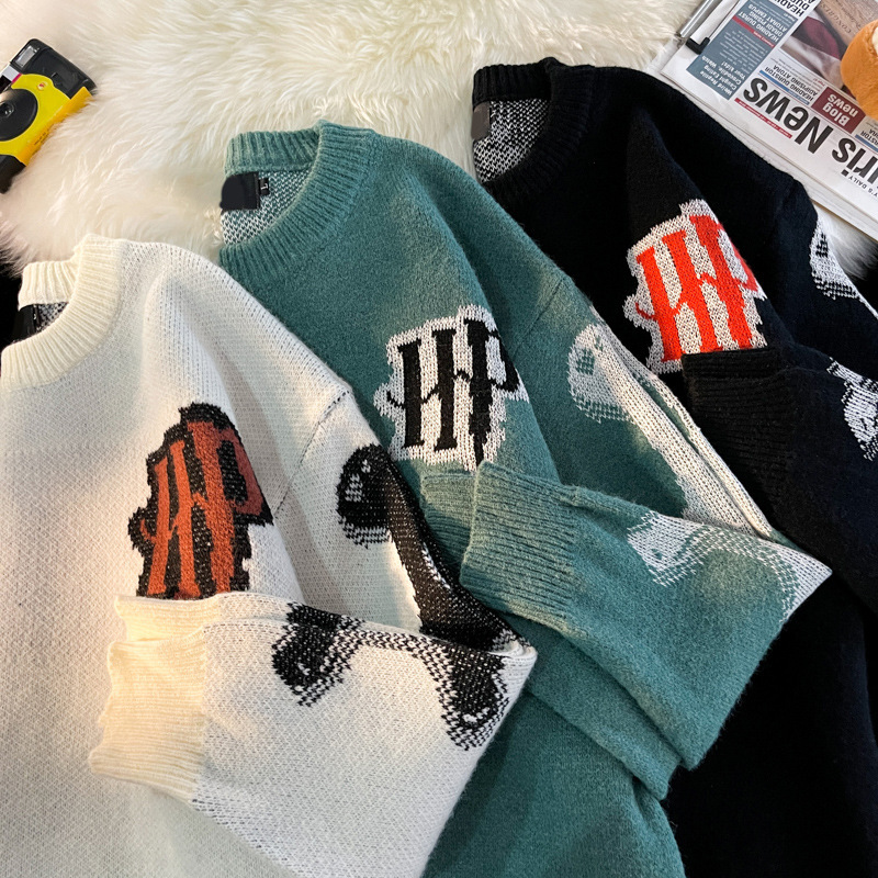 Mens Streetwear Fashion Sweater O-Neck Halloween Theme Skeleton Print Long Sleeve Swearshirt Tops Ripped Knit Jumper