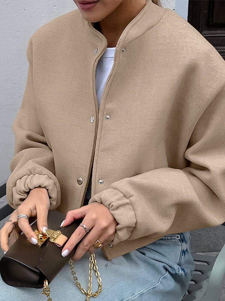 Casual Khaki Short Cropped Woolen Jackets Women Loose Button Pockets Tweed Jacket Female Autumn Chic Elegant Street Outwear