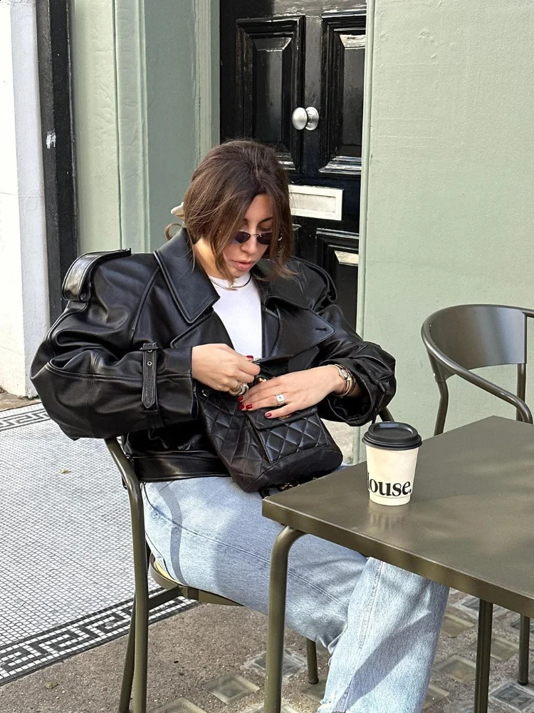 Casual Street Leather Jacket Women Solid Lapel Long Sleeved Belt Crop Female Coats Autumn Y2k Fashion Loose Pu Outwear Lady