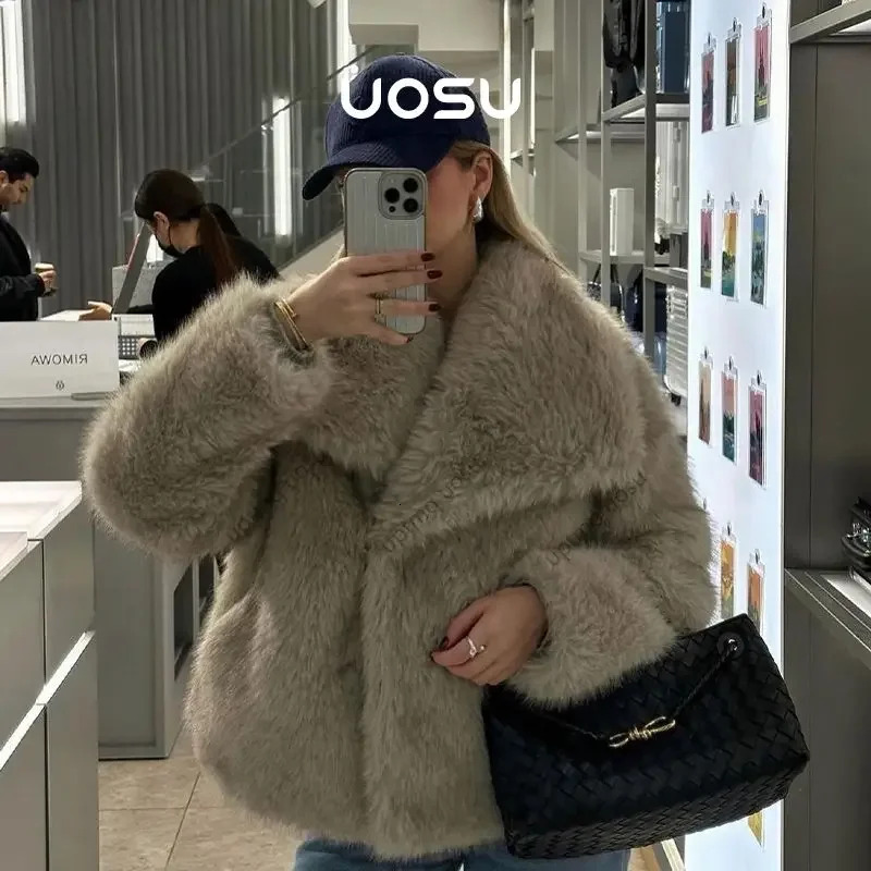 Old Money 2024 Winter Faux Coat Women Big Lapel Collar Iconic Vibe Fuzzy Fox Fur Jacket Grey Gradient Fashion Parka Outwear