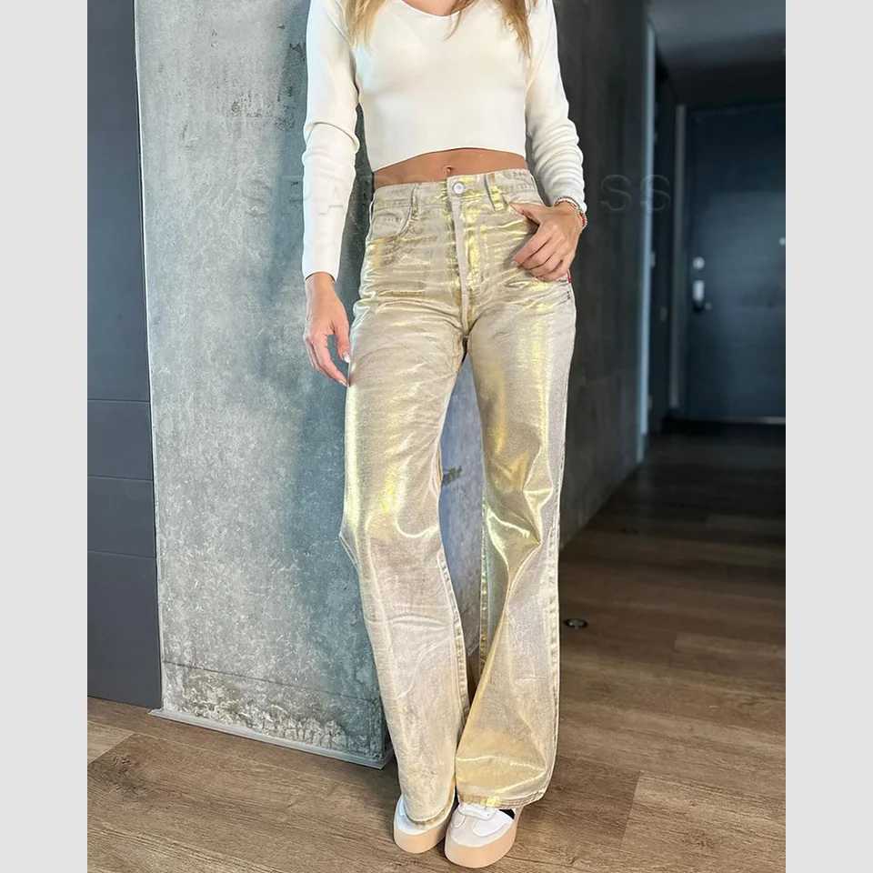 Metallic Y2K Advanced Sense Coating Casual Wide-leg Jeans Female Straight Jeans Loose Hip-hop Streetwear Oversize Denim TrousersX240923