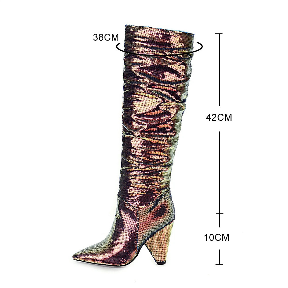 Slouch Wrinkle Women Boots Colorful Pointed Toe Thick Heels Folds Boots Woman Fashion Bling Leather Knee High Boots Winter Shoes 240921