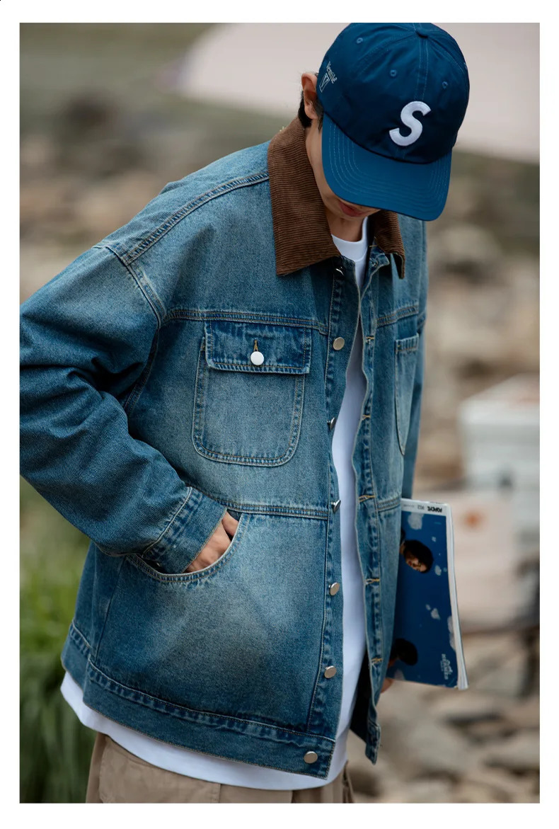 Retro washed old denim jacket mens autumn style Japanese loose patchwork n warm 240921