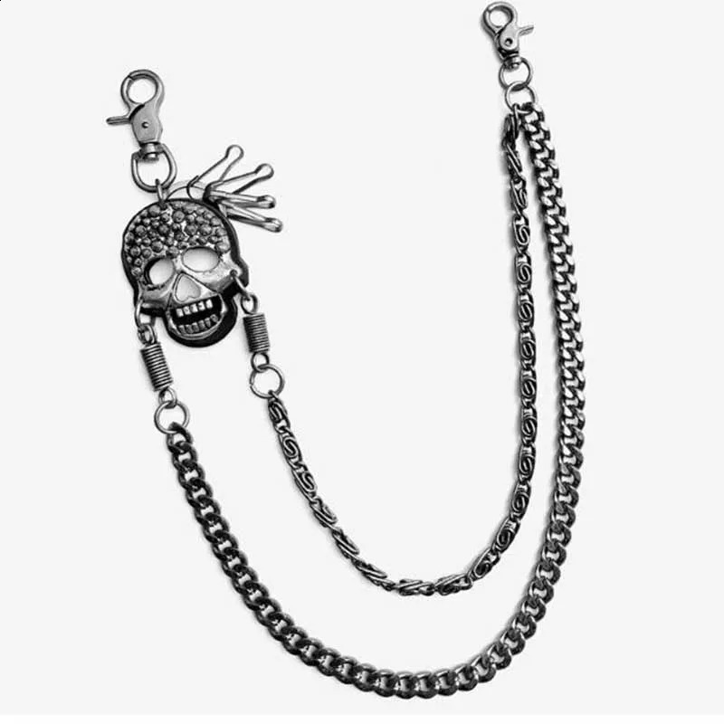 Trendy Rock Mens Skeleton Ghost Head Metal Chain Hip Hop Punk Jeans Pants Trouser Waist Chain Double Chain Bicycle Keychain Prop 240924
