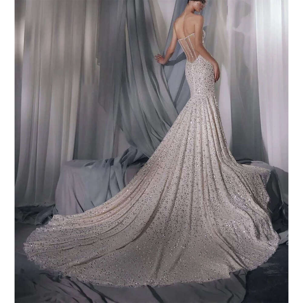 Unique Dresses Mermaid Strapless Sequined Backless Sleeveless or-Length Sparkg Bride Wedding Dress Custom Made