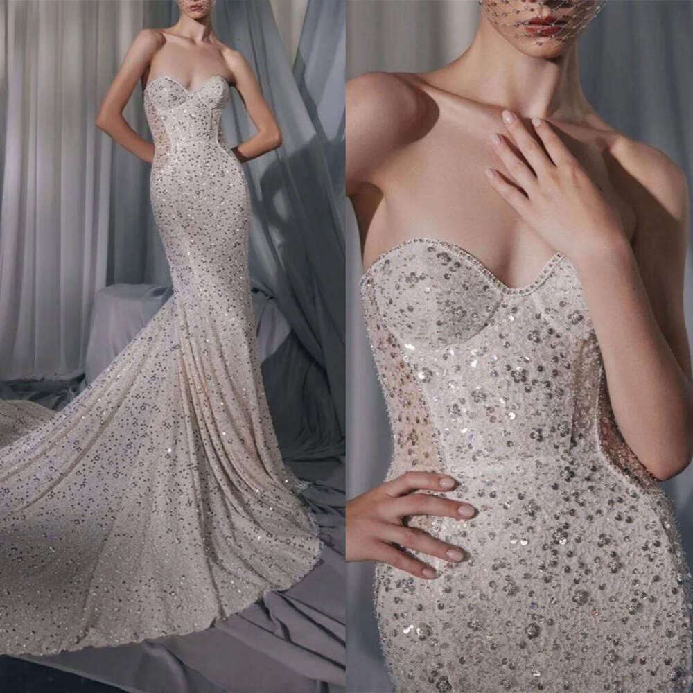Unique Dresses Mermaid Strapless Sequined Backless Sleeveless or-Length Sparkg Bride Wedding Dress Custom Made