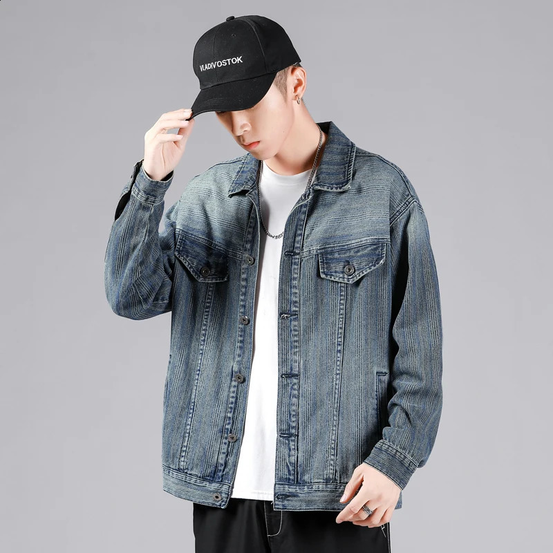 Mens retro striped blue denim jacket autumn Korean fashion pocket elastic cotton casual Plus size 5XL 240921