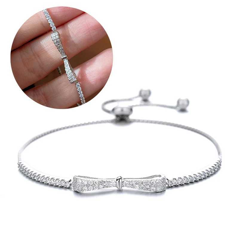 Real 925 sterling silver bow bracelet suitable for womens shiny zircon tennis hard bracelet mens wedding party jewelry gift W240925