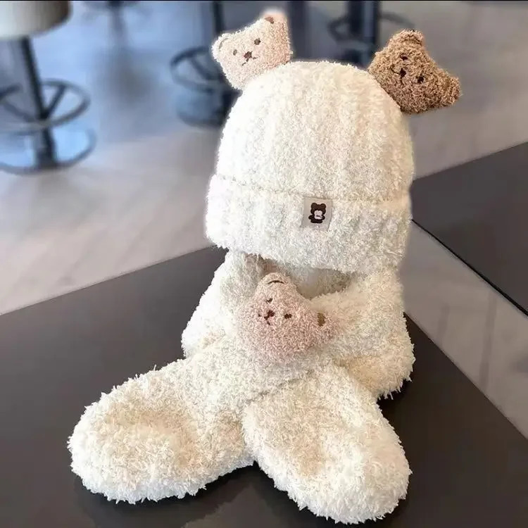 Childrens winter bear hat scarf set childrens earmuffs shawl warm wool bag baby girl boy neck 240925