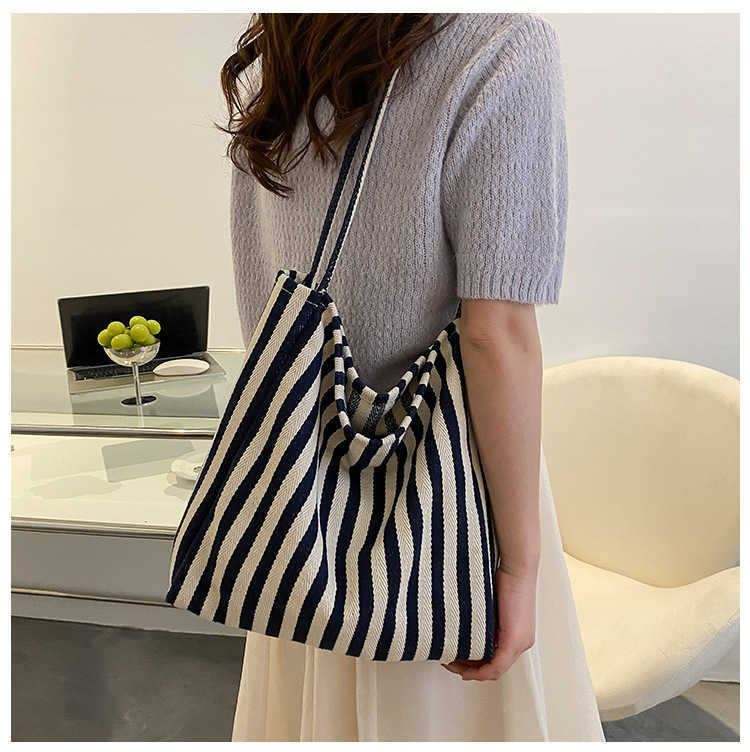 CMM Korean Literary Handbag Simple Small Fresh Stripe Shoulder Bag Leisure Fashion Large Capacity Shopping Bag
