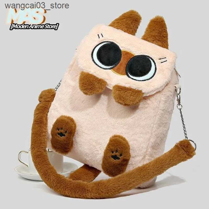 Backpacks Plush Cartoon Siamese Cat Backpack Simplicity Large Capacity Campus Bag Commuting Flip Cover Diagonal Span Bag Soft Girl Gift L240910