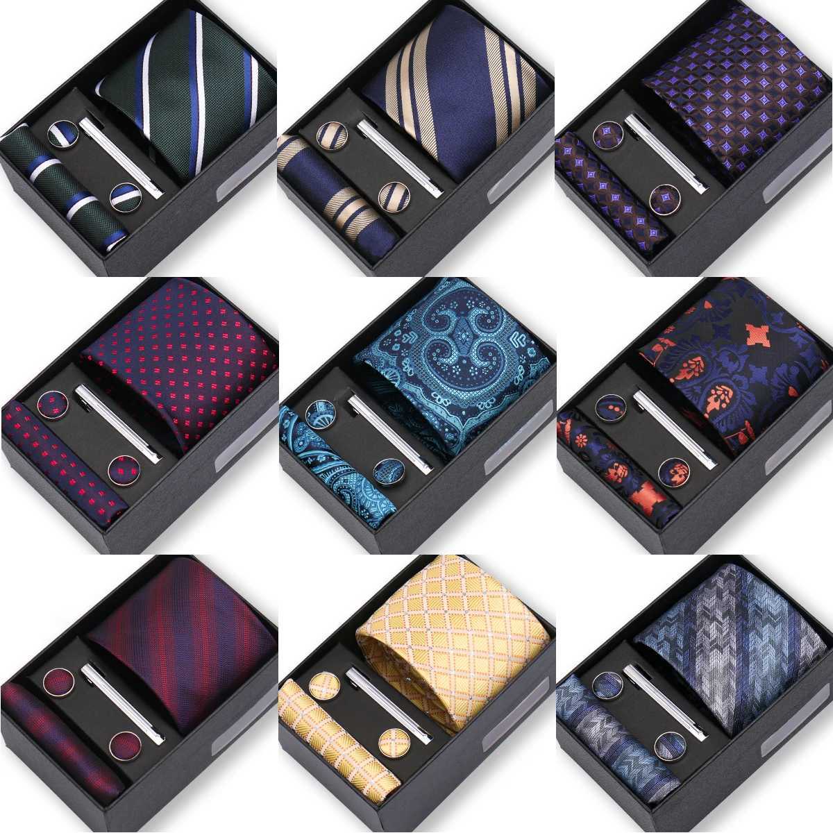 High quality 8cm mens tie set elegant jacquard necklace pocket square cufflinks tie with gift box suitable for weddings Y240925