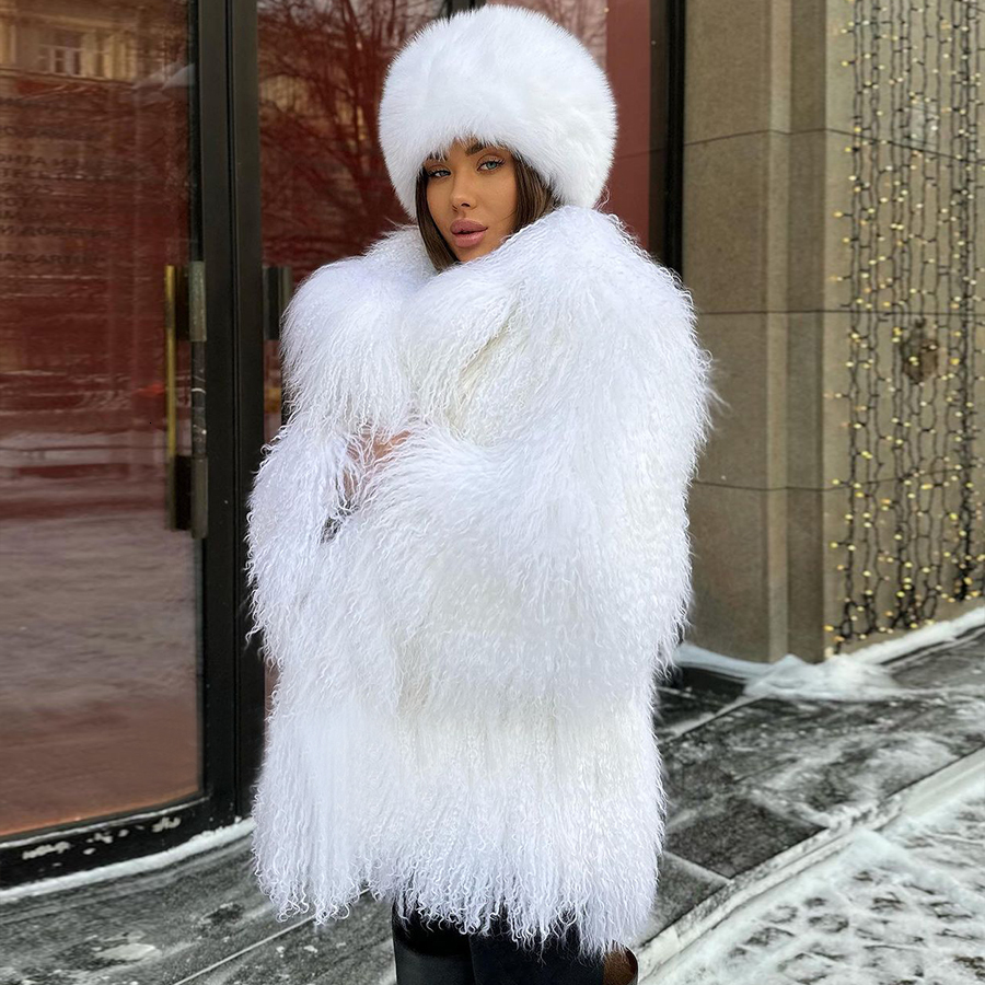 Genuine Mongolian Fur Jackets White Ladies Sheep Skin Coat With Turndown Collar Womens Clothing