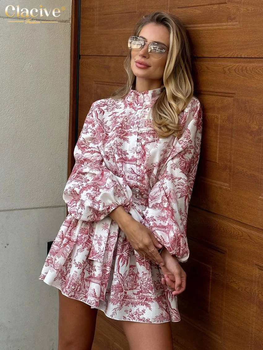 Clacive Casaul Loose Print WomenS Dress 2023 Fashion Stand Collar Puff Sleeve Mini Dresses Elegant LaceUp Pleated Female 240915