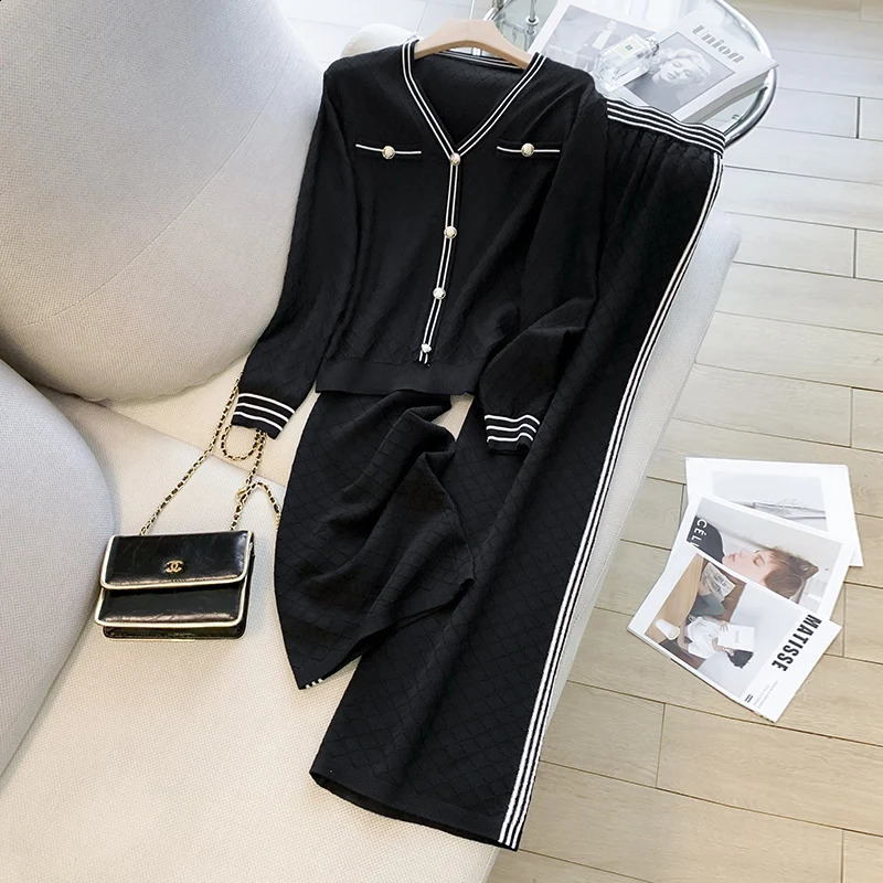Women Knitted 2 Piece Suit Sweater cardigan Top And Pant Two Set Matching Outfit Stripe Elegant Chic Winter Clothing 240925