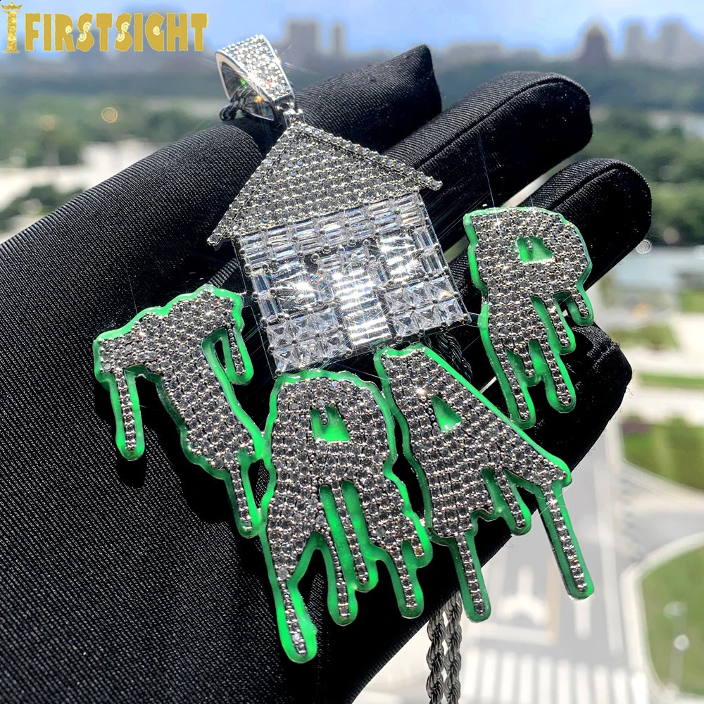 Iced Out Bling CZ Letter Trap Pendant Necklace Zircon House Green Fluorescenc Charm Men Hip Hop Jewelry 240918