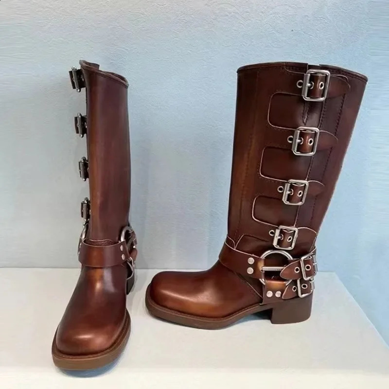 Latest Autumn/Winter Retro Summer Thin Western Cowboy Boots Middle Heel Boots Leather Knight Boots Zapatos Mujer 240926