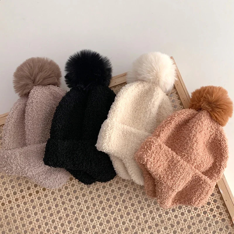 14 year old born baby children girls boys winter warm and soft knitted hat fur ball fluffy solid color elastic cute bear 240925