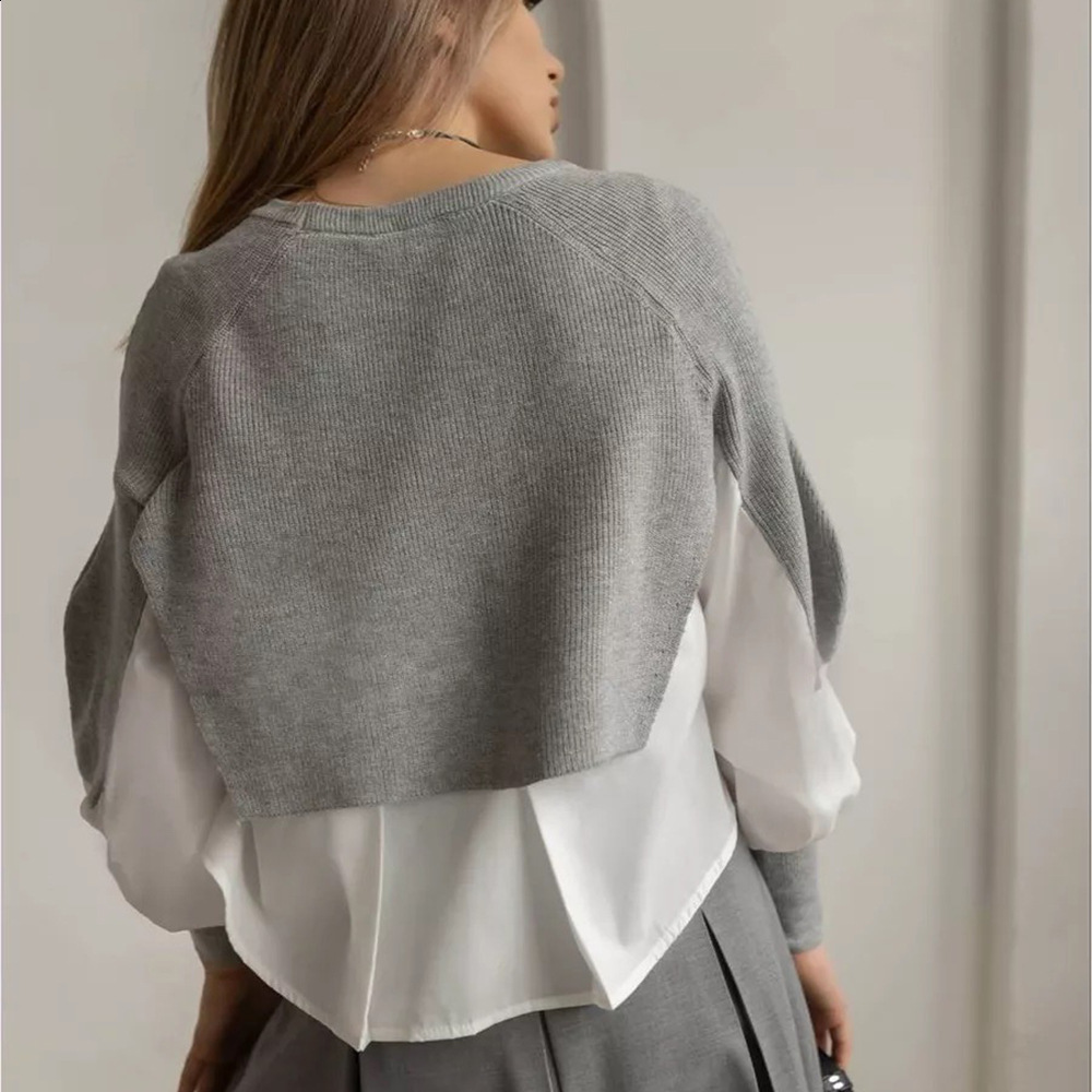 Autumn European Womens Sweater Splicing Shirt Two Piece Set Western Knitted Top 240926