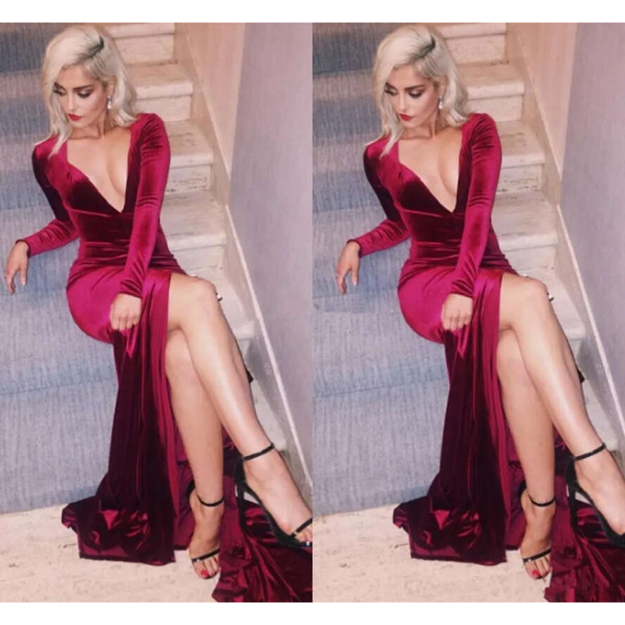 Deep V Neck Sexy Cheap Bury Mermaid Prom Simple Long Sleeves High Side Split Sweep Train Formal Dresses Evening Wear 0505