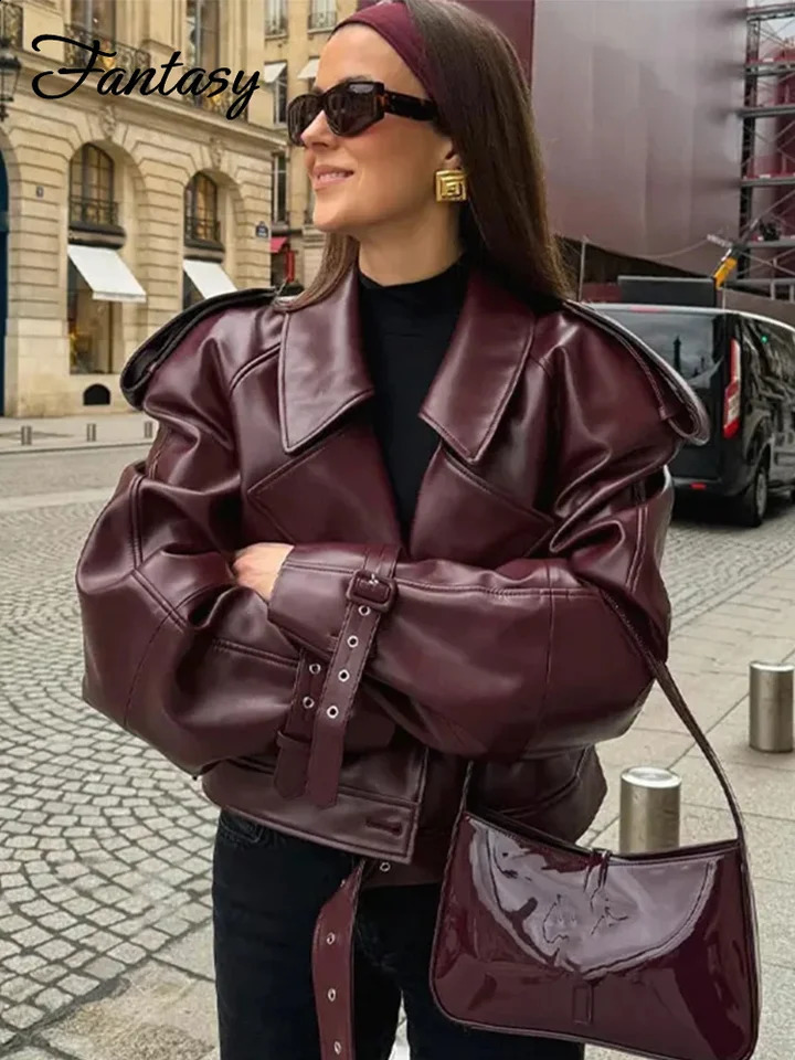Casual Street Leather Jacket Women Solid Lapel Long Sleeved Belt Crop Female Coats Autumn Y2k Fashion Loose Pu Outwear Lady