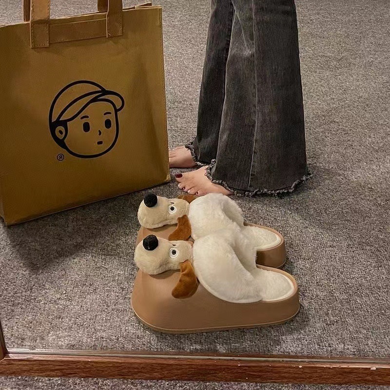 Women's Comfy Postpartum Cotton Slippers - Soft Plush Insulated, Water-Resistant with Charming Canine Print
