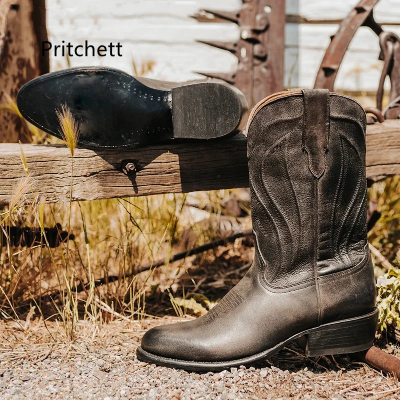 Totem Western Cowboy Boots for Men Vintage Mid-Calf Boots Pointed Toes Classical Mens Shoes Genuine Leather Winter Booties 240921