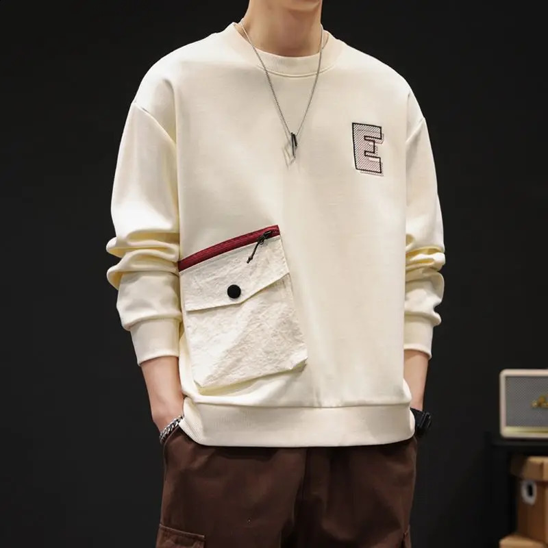 Men Trendy Simple Casual Embroidery Streetwear Sweatshirts Y2K O Neck Long Sleeve Loose Pocket All Match Pullover Tops Sudadera 240919