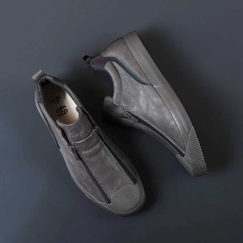 Winter Men Leather Casual Shoes Fashion Double Zipper High Tops Flat Shoes Slip on Plush Male Sneakers Loafers Tenis Masculino M240925