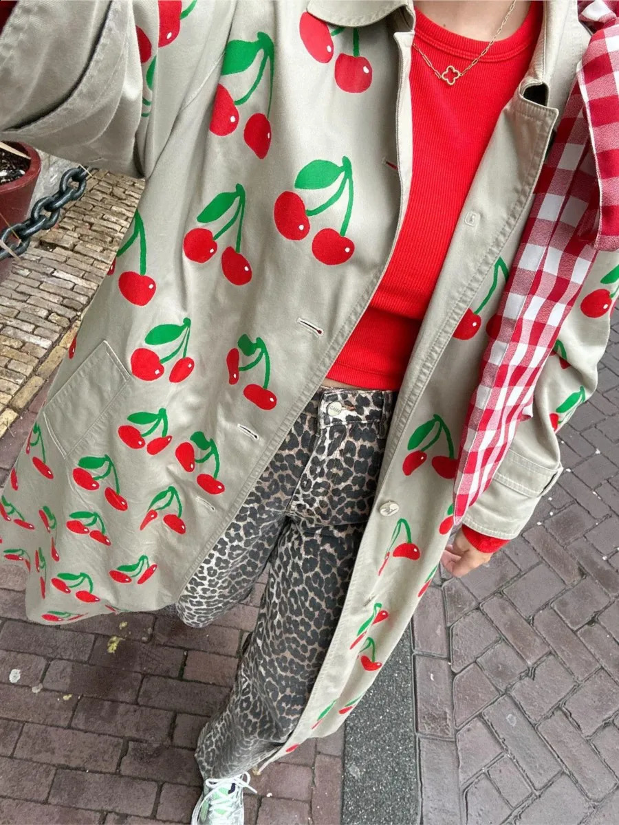 Autumn Fruits Graphic Print Long Trench Coat Women 2024 Single Breasted Long Sleeve Outerwear Vintage Fashion Trench Jackets 240918