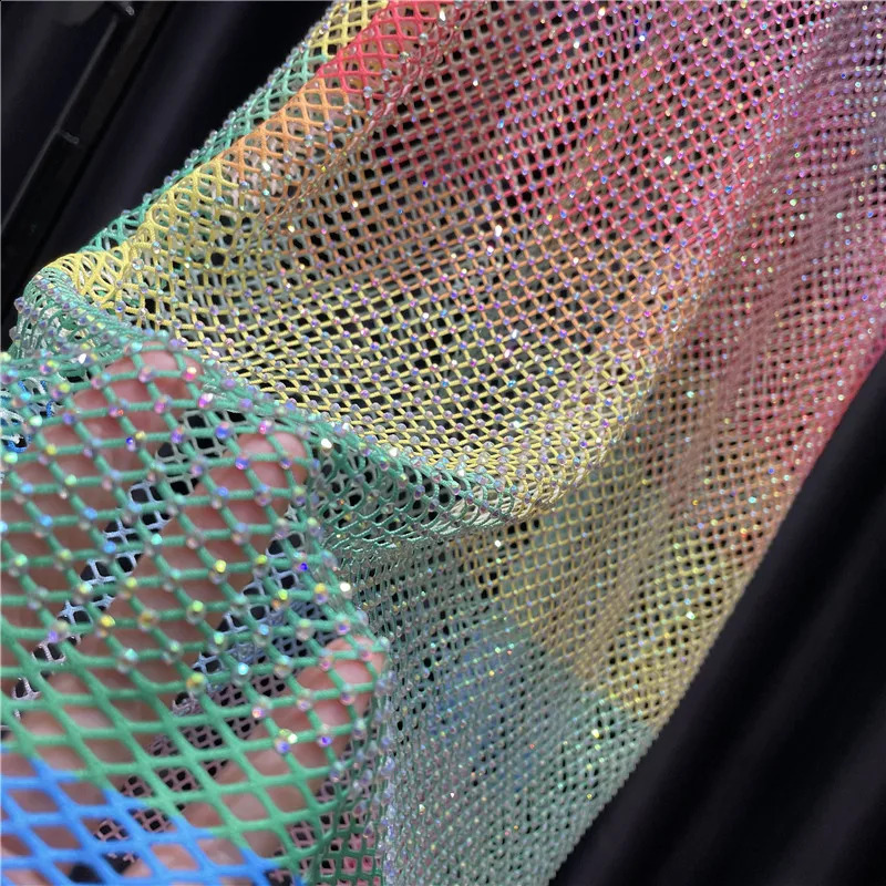 Women Men Neon Crystal Colorful Rhinestones Shiny Sexy Y2K RainbowTank Tops Party Club Sexy See Mesh Hollow Out 65cm long 240926